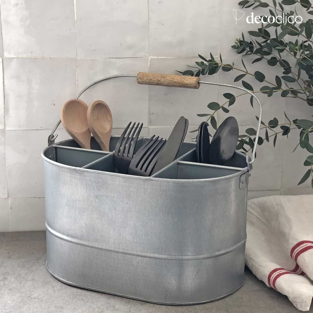 Besteckkasten aus Metall mit Holzgriff, verzinkt, 6 Fächer