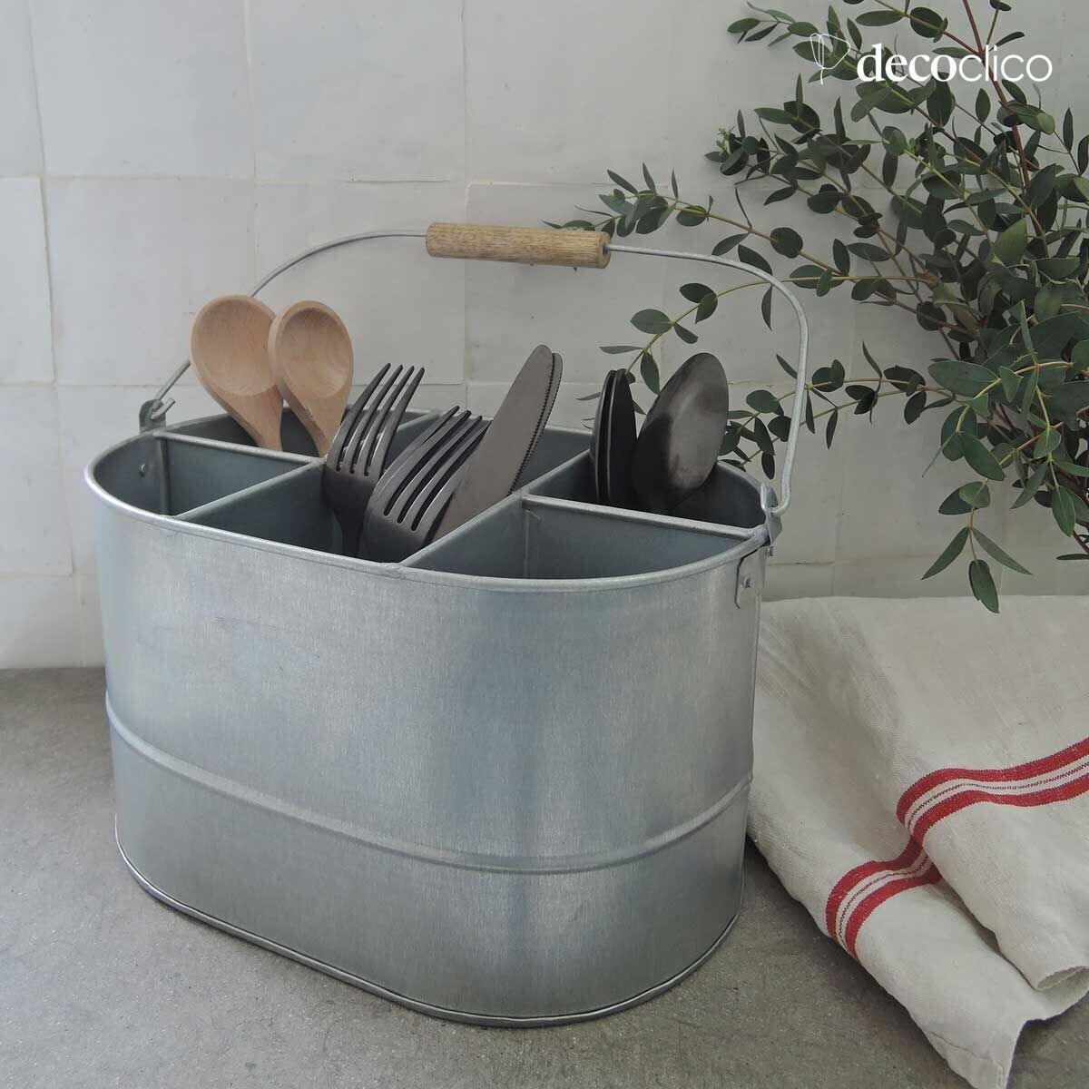 Besteckkasten aus Metall mit Holzgriff, verzinkt, 6 Fächer