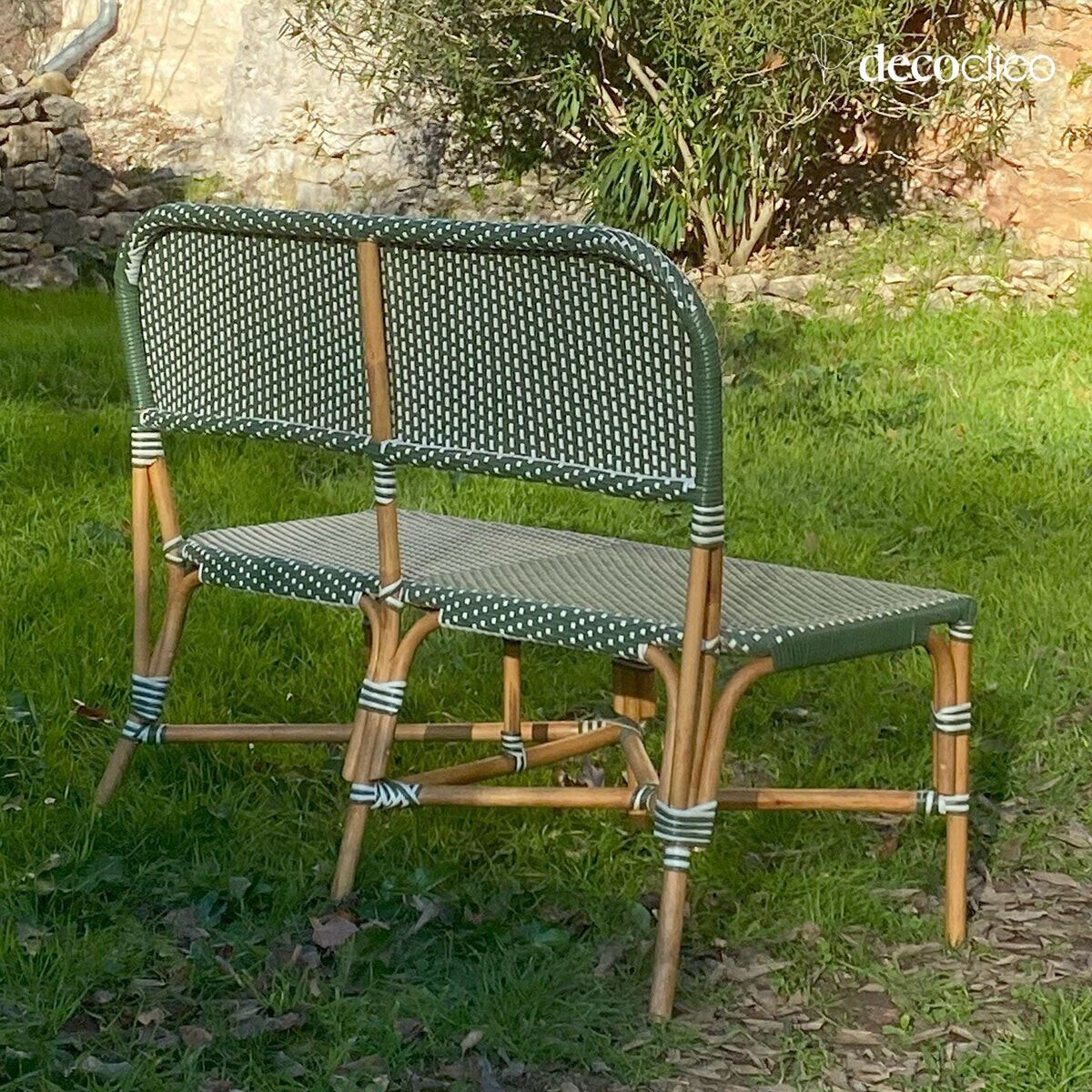 Bistro bench with rattan backrest and green and white woven resin Belleville