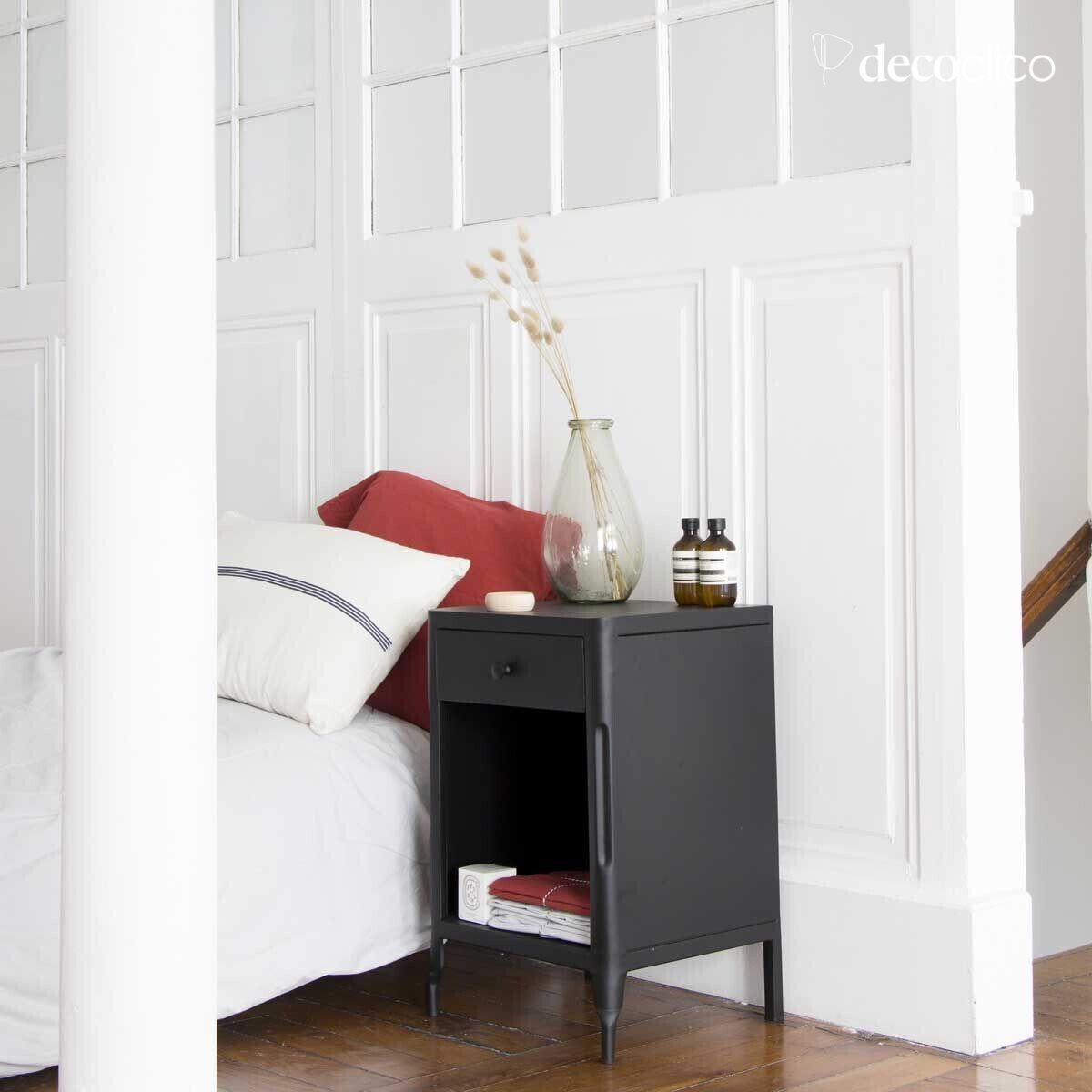 Black metal bedside table with 1 drawer and 1 recess