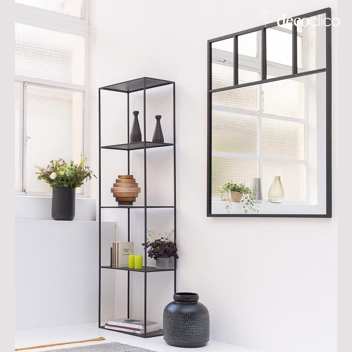 Black metal glass partitioned mirror 90 x 120 cm Bricklane