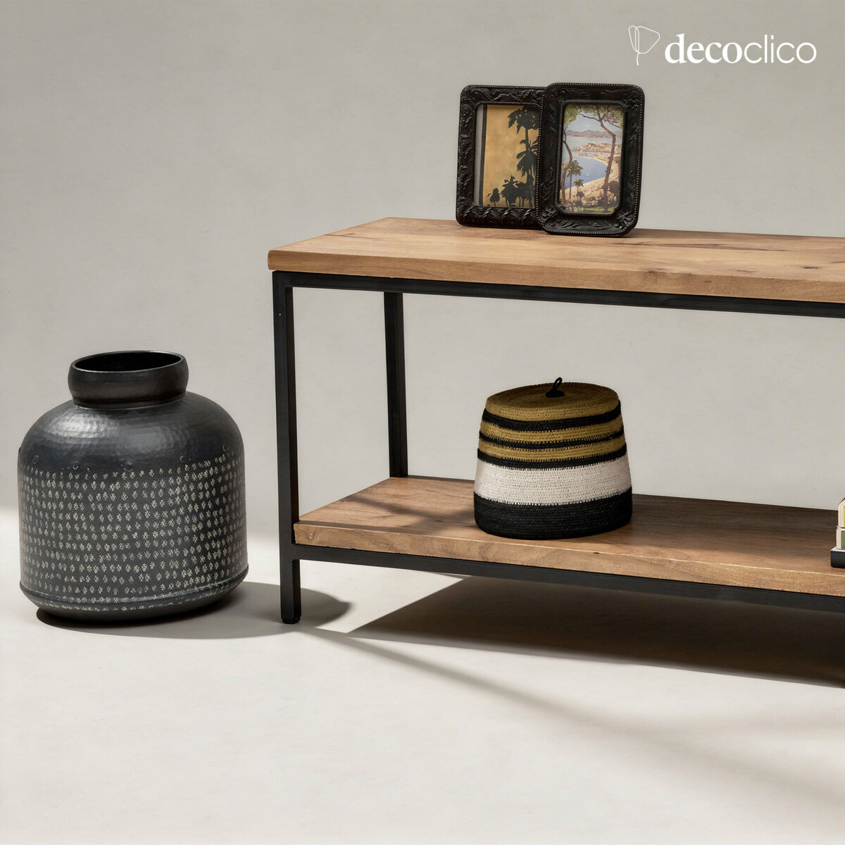 Black metal TV cabinet or bench with double mango wood top Brooke