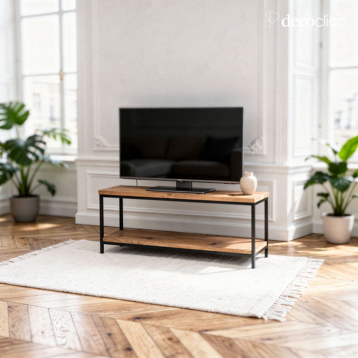 Black metal TV cabinet or bench with double mango wood top Brooke