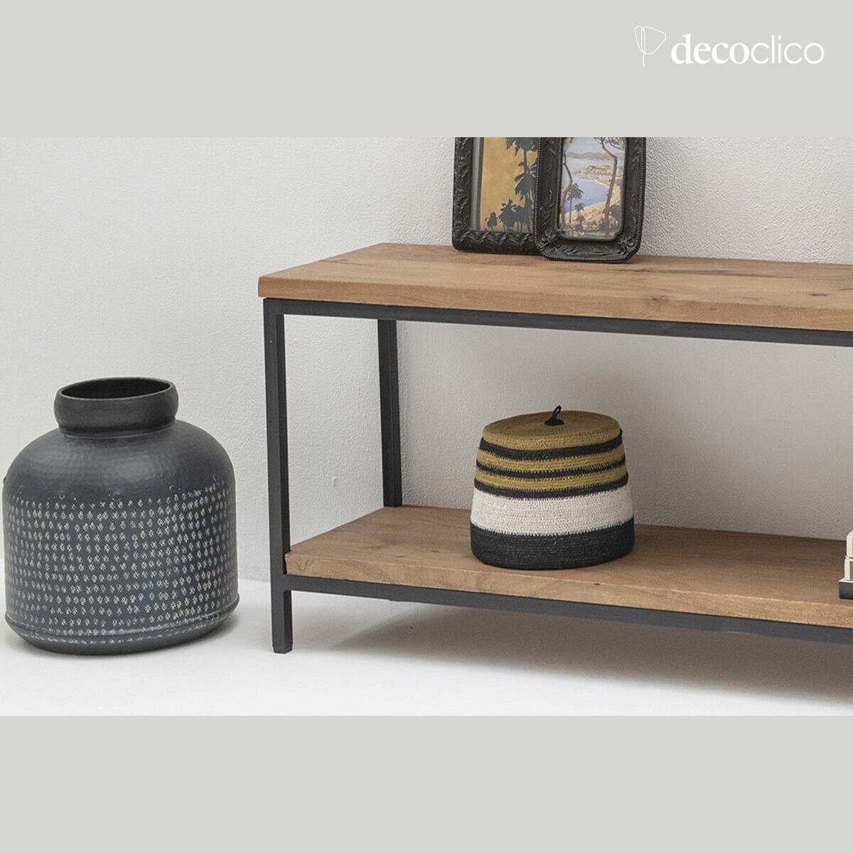 Black metal TV cabinet or bench with double mango wood top Brooke