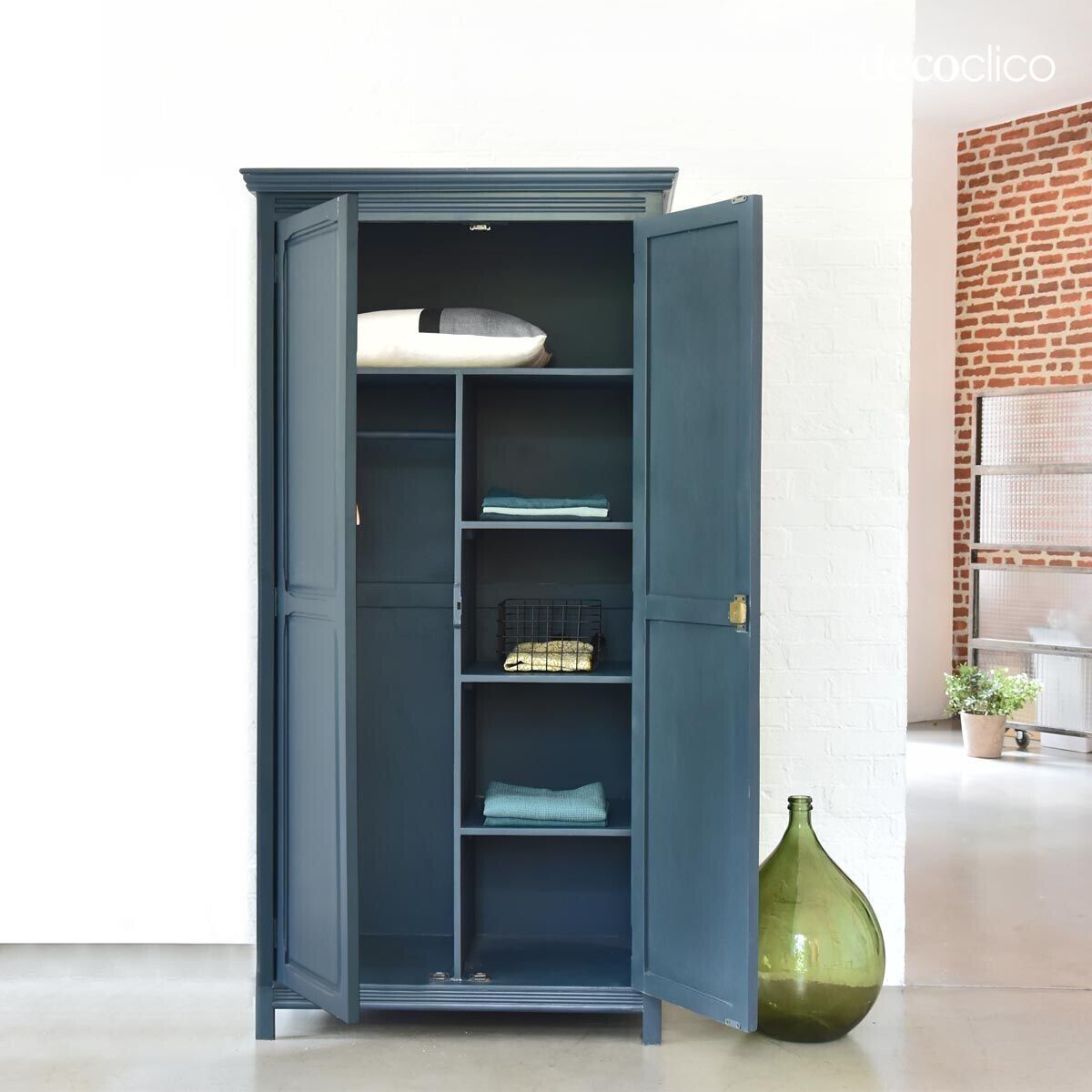 Blue Parisian wardrobe with 2 doors, shelves and hanging space Léandre
