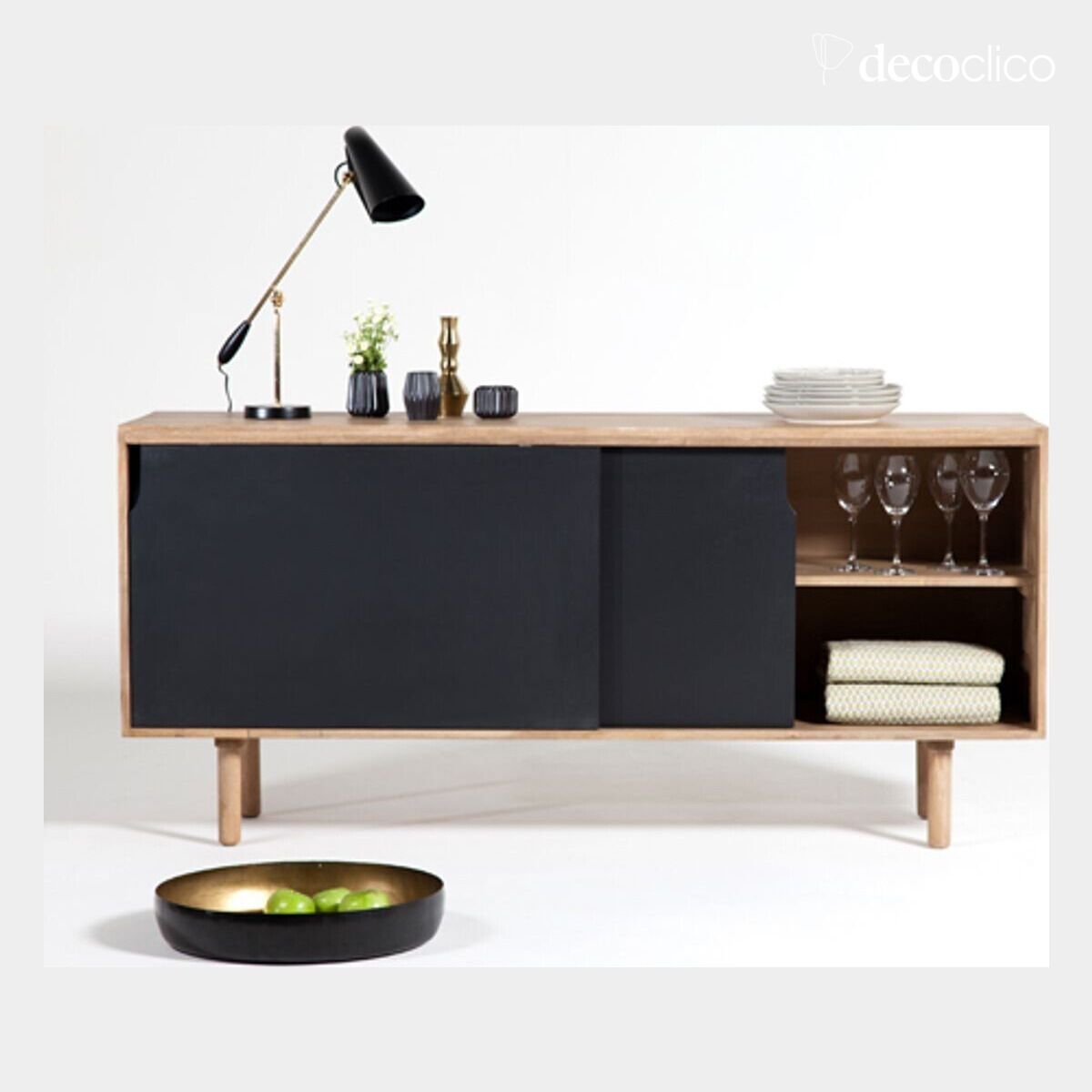 Buffet enfilade manguier 2 portes coulissantes naturel et noir Hanko