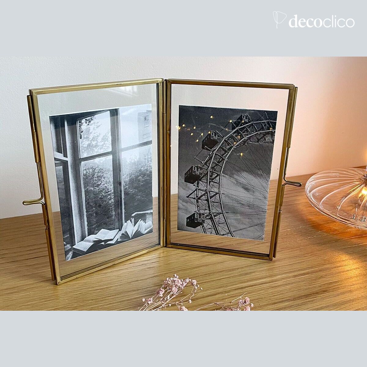 Cadre photo double à poser en verre et laiton finition antique 11 x 18 cm Mira