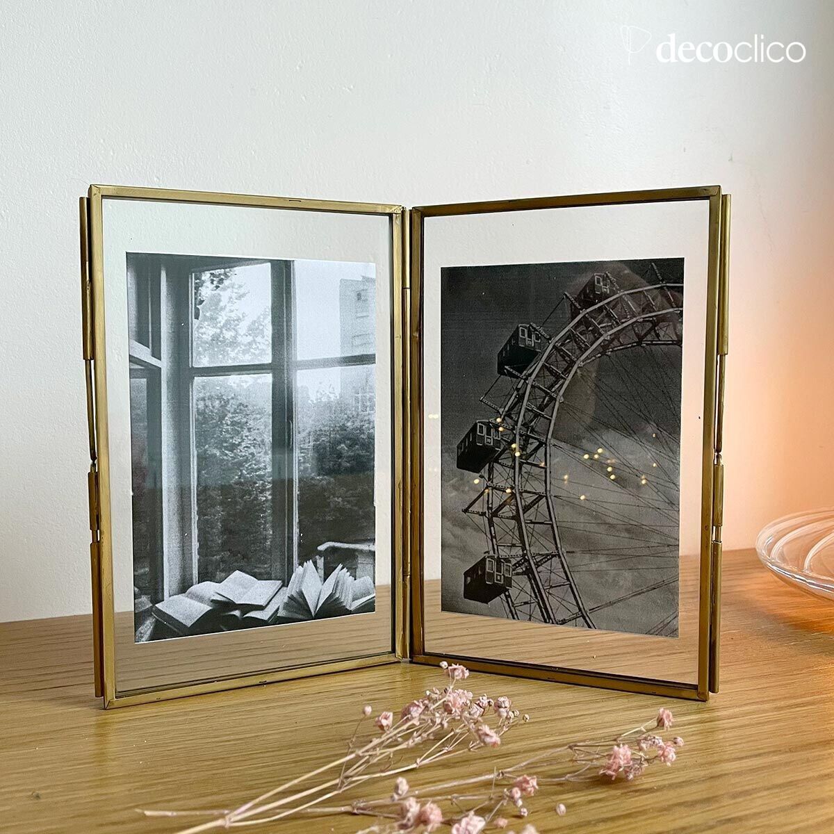 Cadre photo double à poser en verre et laiton finition antique 11 x 18 cm Mira