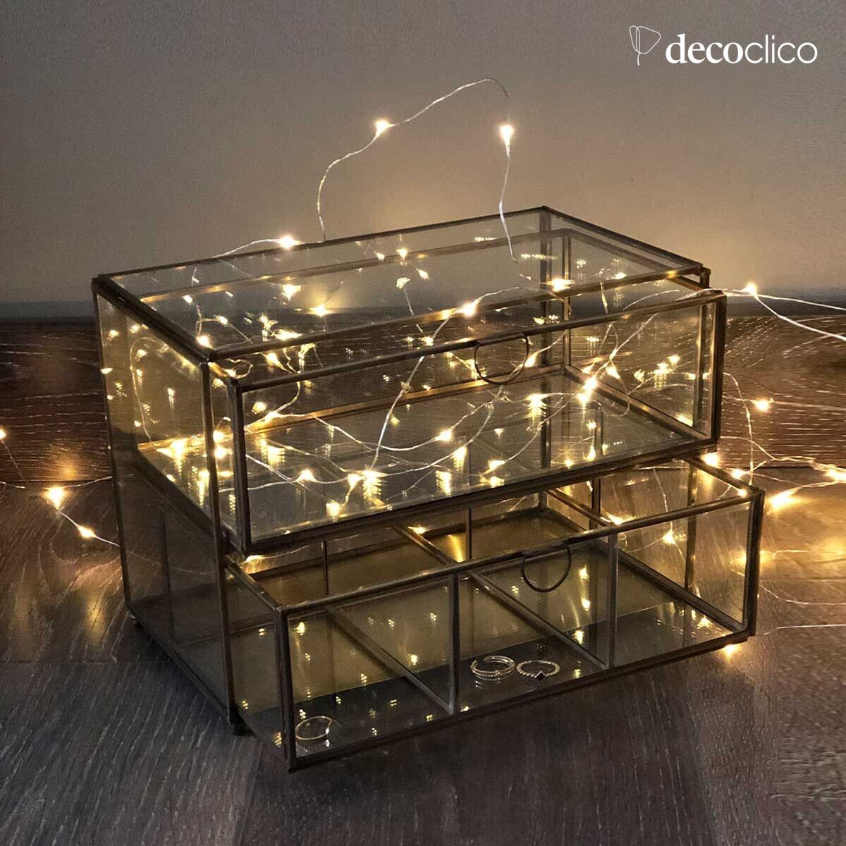 Caja de joyas con compartimentos 2 cajones de vidrio y metal con acabado de latón antiguo Mira