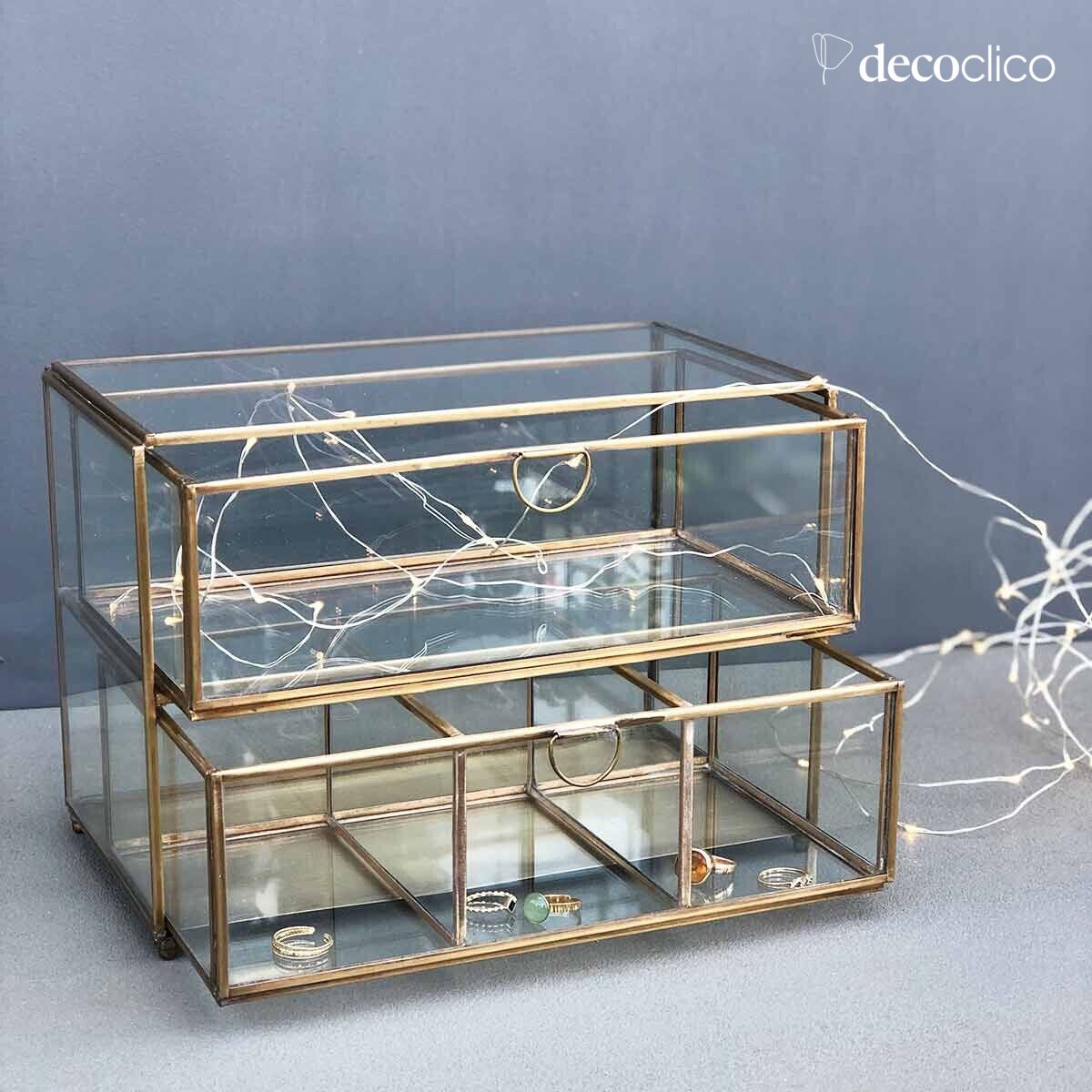 Caja de joyas con compartimentos 2 cajones de vidrio y metal con acabado de latón antiguo Mira