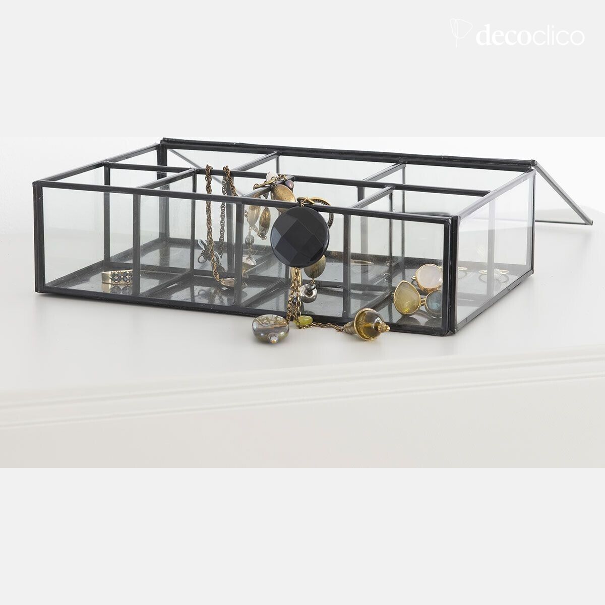 Caja de joyas de 8 compartimentos de vidrio y metal con acabado negro mate Mira
