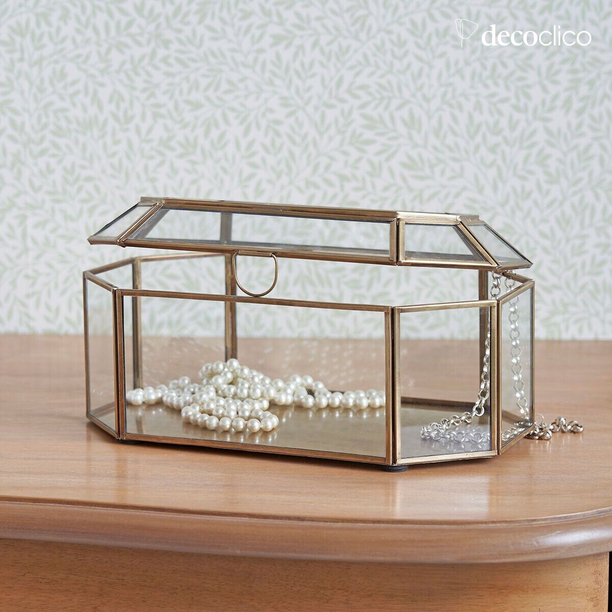 Caja de joyas octogonal de metal dorado mate y cristal Mira