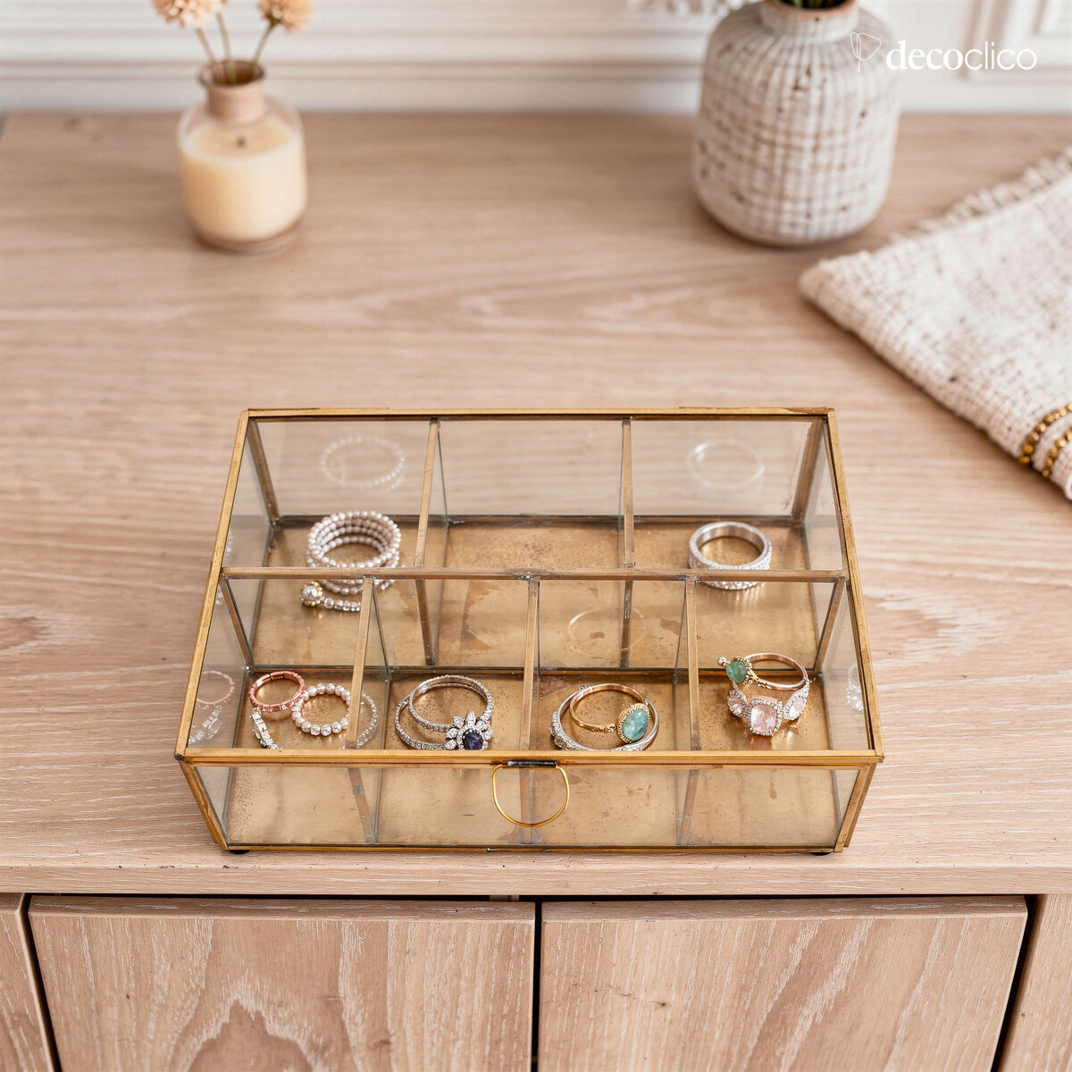 Caja de joyas rectangular de 6 compartimentos de metal dorado mate y cristal Mira