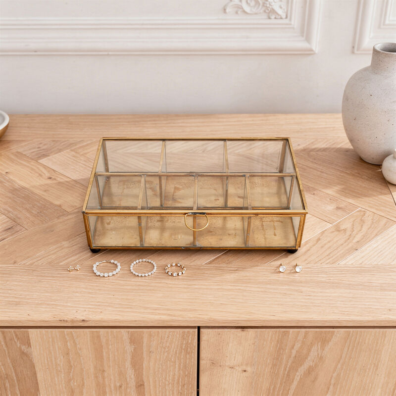 Caja de joyas rectangular de 6 compartimentos de metal dorado mate y cristal Mira