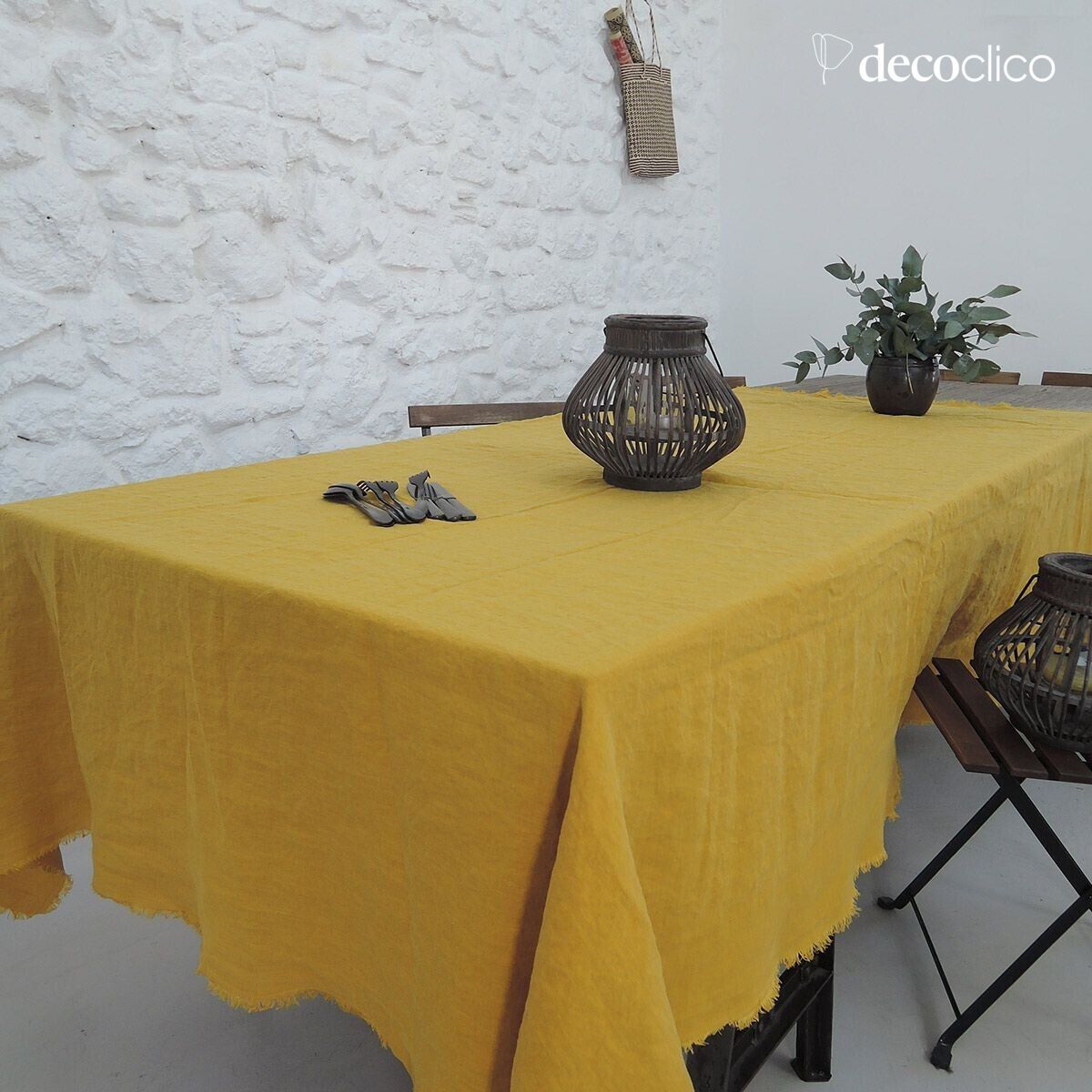 Casatera gewassen hennep tafelkleed met mosterd franjes - 170x250 cm Douro