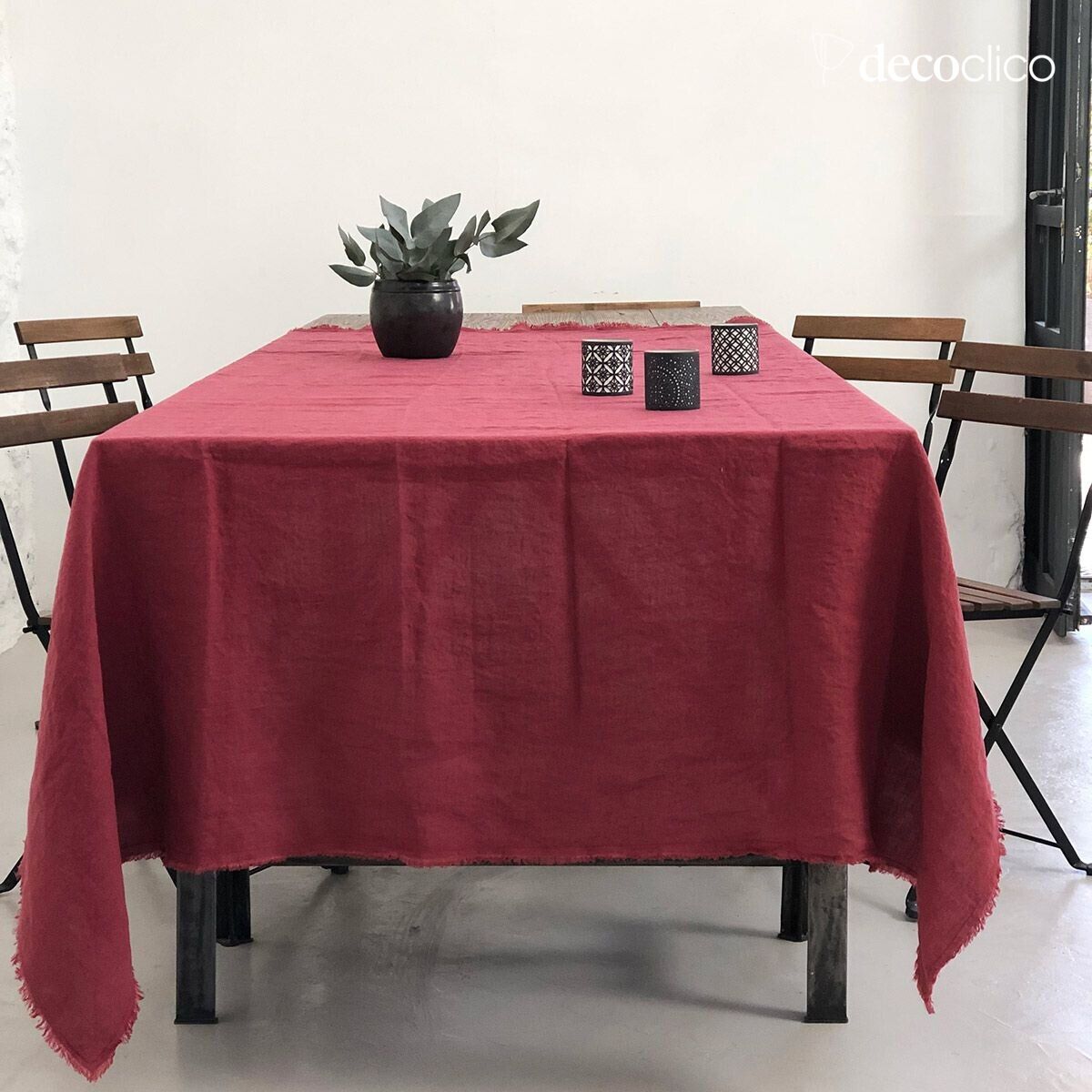 Casatera gewassen hennep tafelkleed met wijnkleurige franjes - 170x250 cm Douro