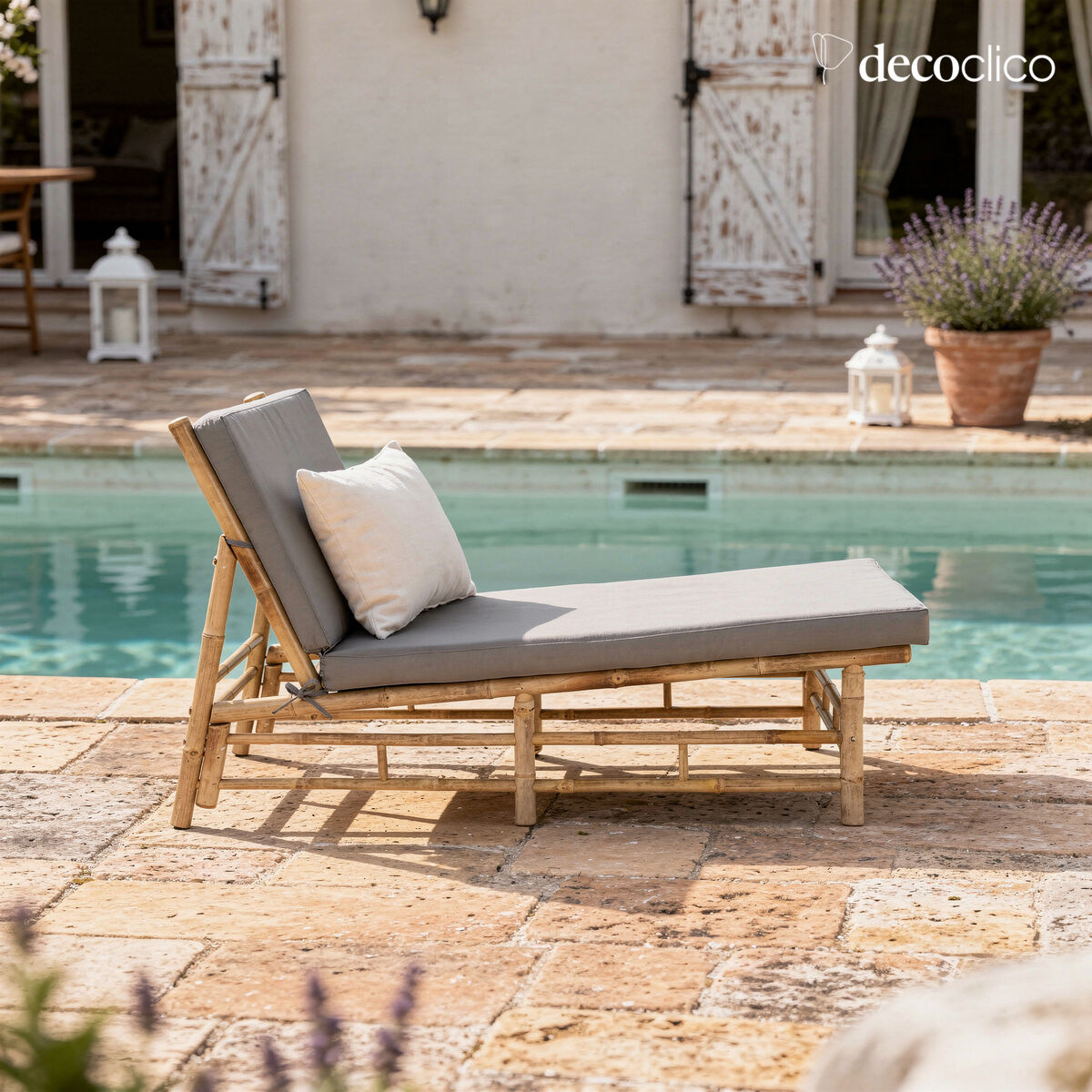 Chaise longue en bambou naturel coussin gris outdoor Taman