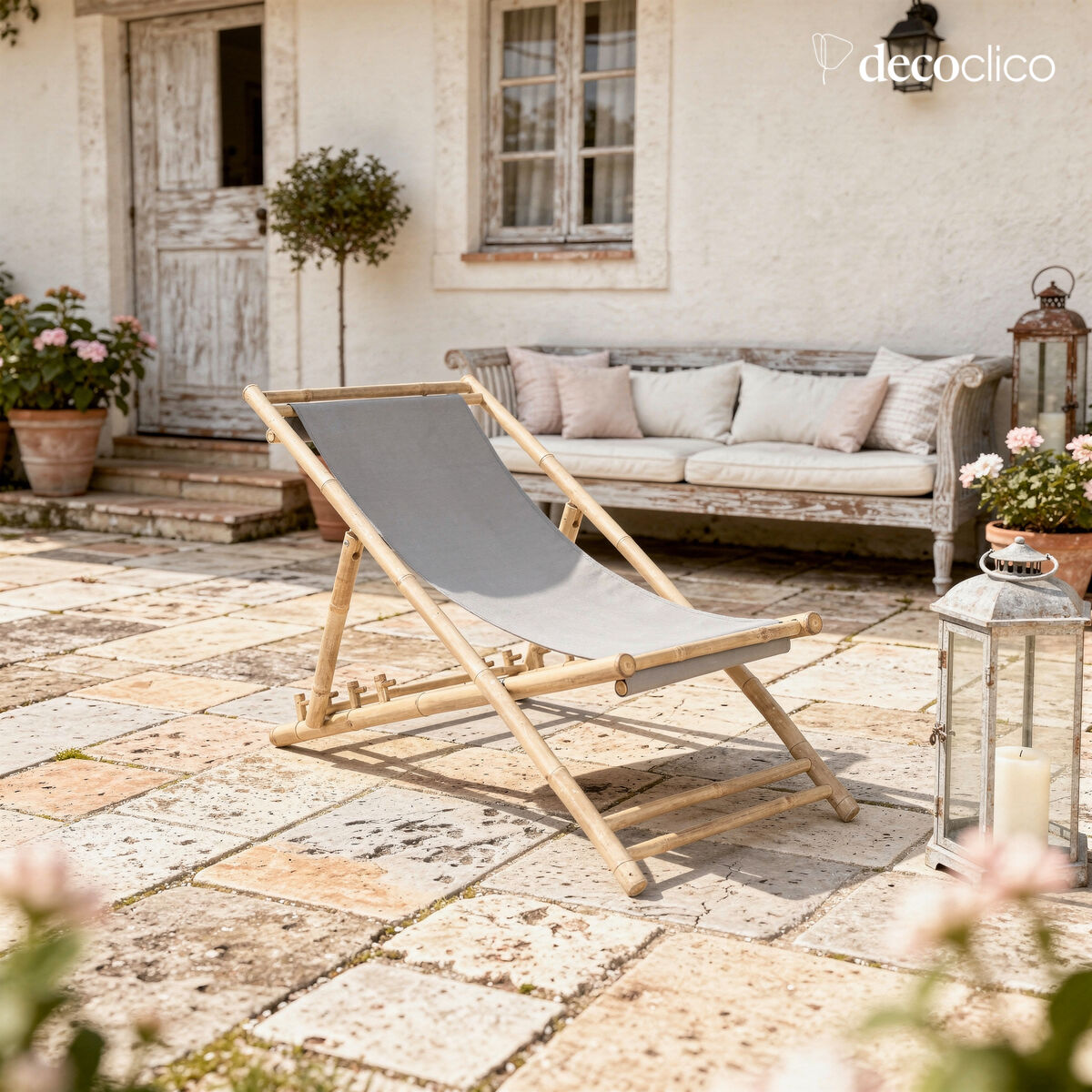 Chilean deckchair in natural bamboo with gray outdoor fabric Taman