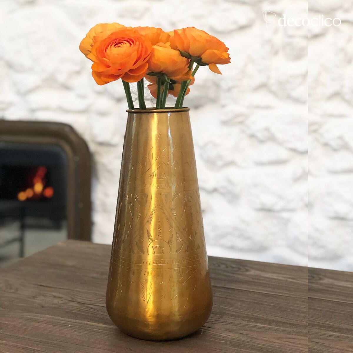 Cilindrische aluminium vaas met gegraveerde gouden motieven H33 cm Jaya