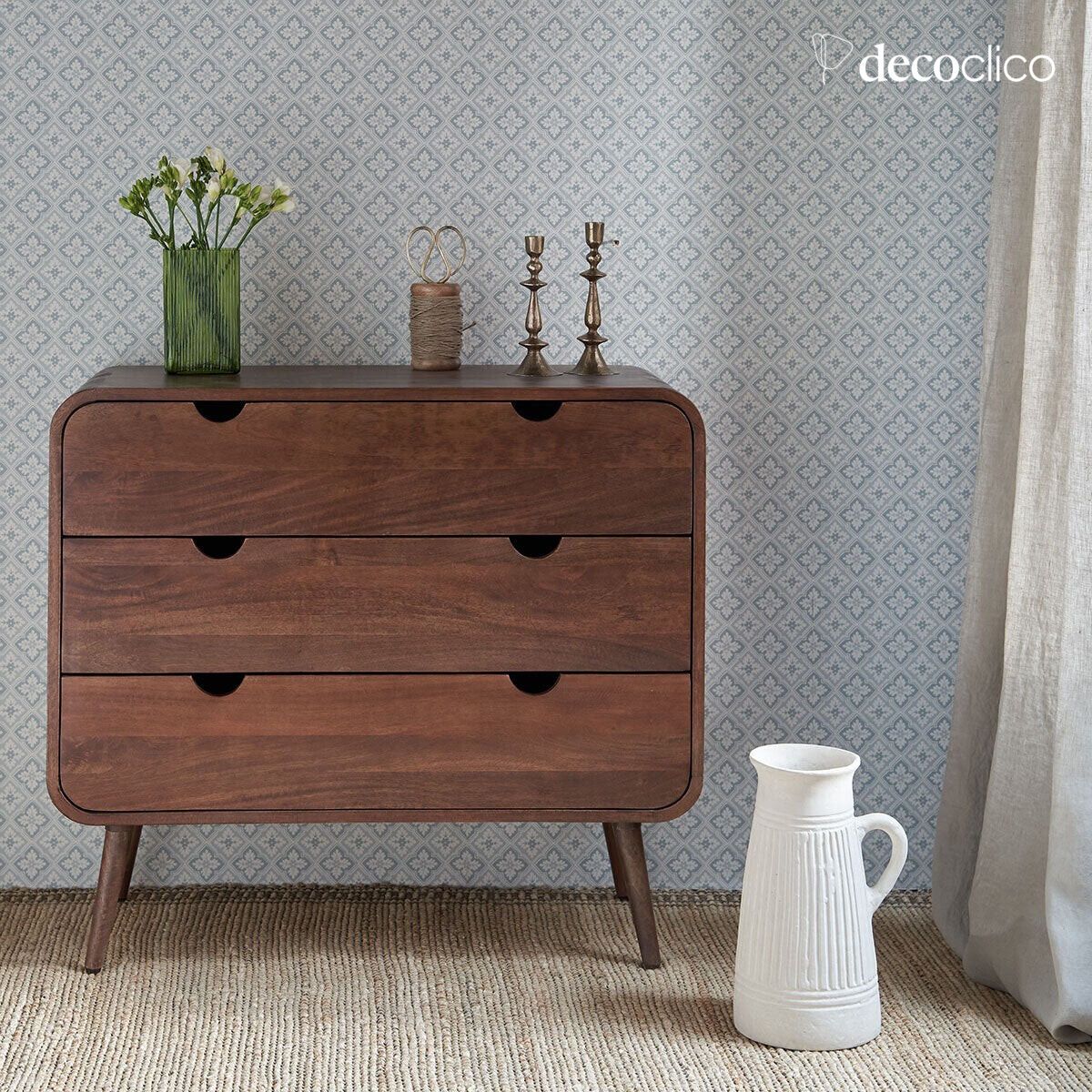 Cómoda de madera de mango teñida de color nogal con 3 cajones Hanko