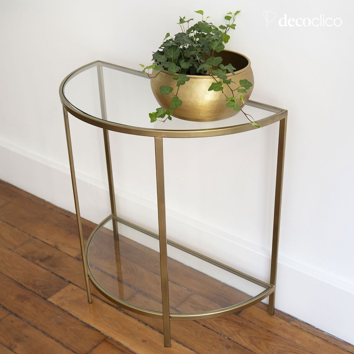 Consola semicircular de vidrio y metal con acabado de latón antiguo Mira