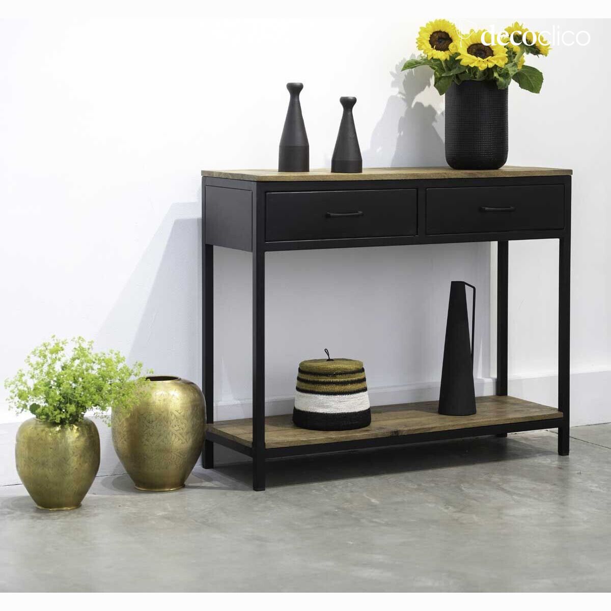 Consolle in metallo nero opaco e ripiani in mango 2 cassetti Brooke