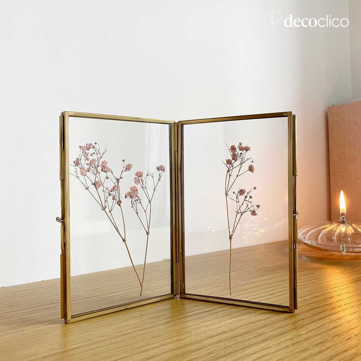 Cornice doppia da tavolo in vetro e ottone anticato 11 x 18 cm Mira