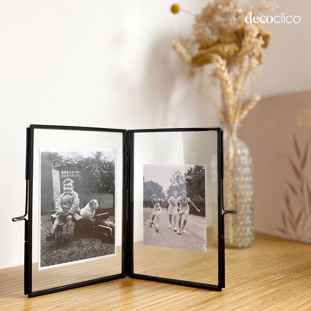 Cornice doppia da tavolo in vetro e ottone con finitura nera opaca 11 x 18 cm Mira