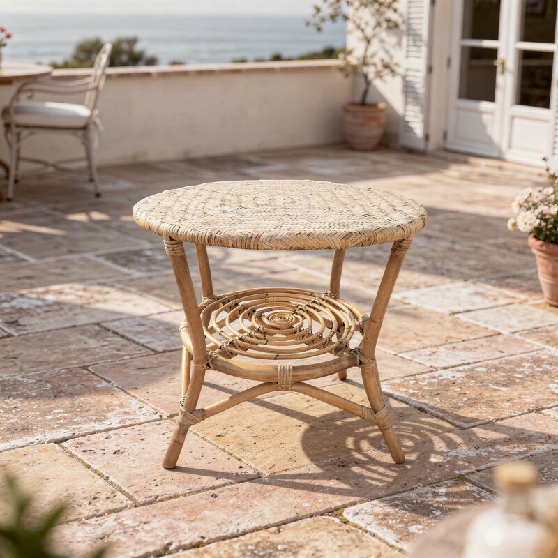 Couchtisch, Säulentisch, Tischplatte aus geflochtenem Naturrattan Cabourg
