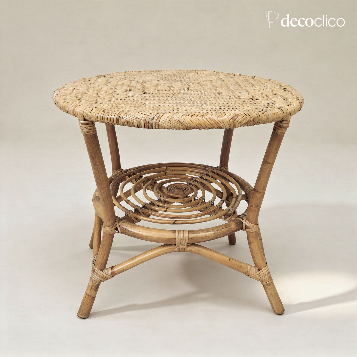 Couchtisch, Säulentisch, Tischplatte aus geflochtenem Naturrattan Cabourg
