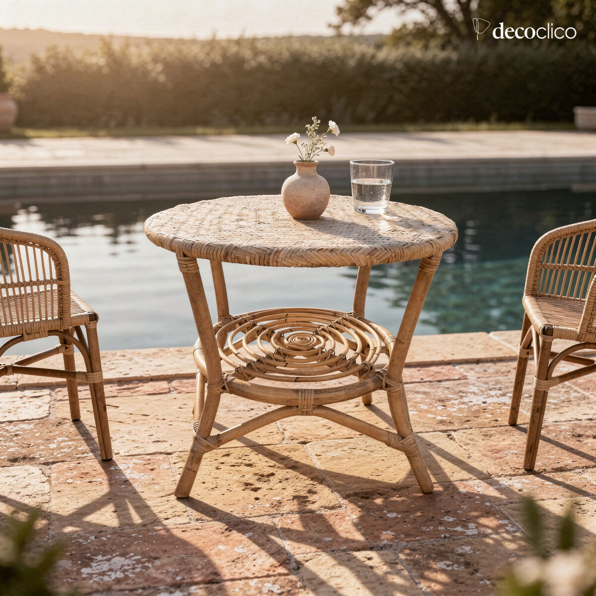 Couchtisch, Säulentisch, Tischplatte aus geflochtenem Naturrattan Cabourg