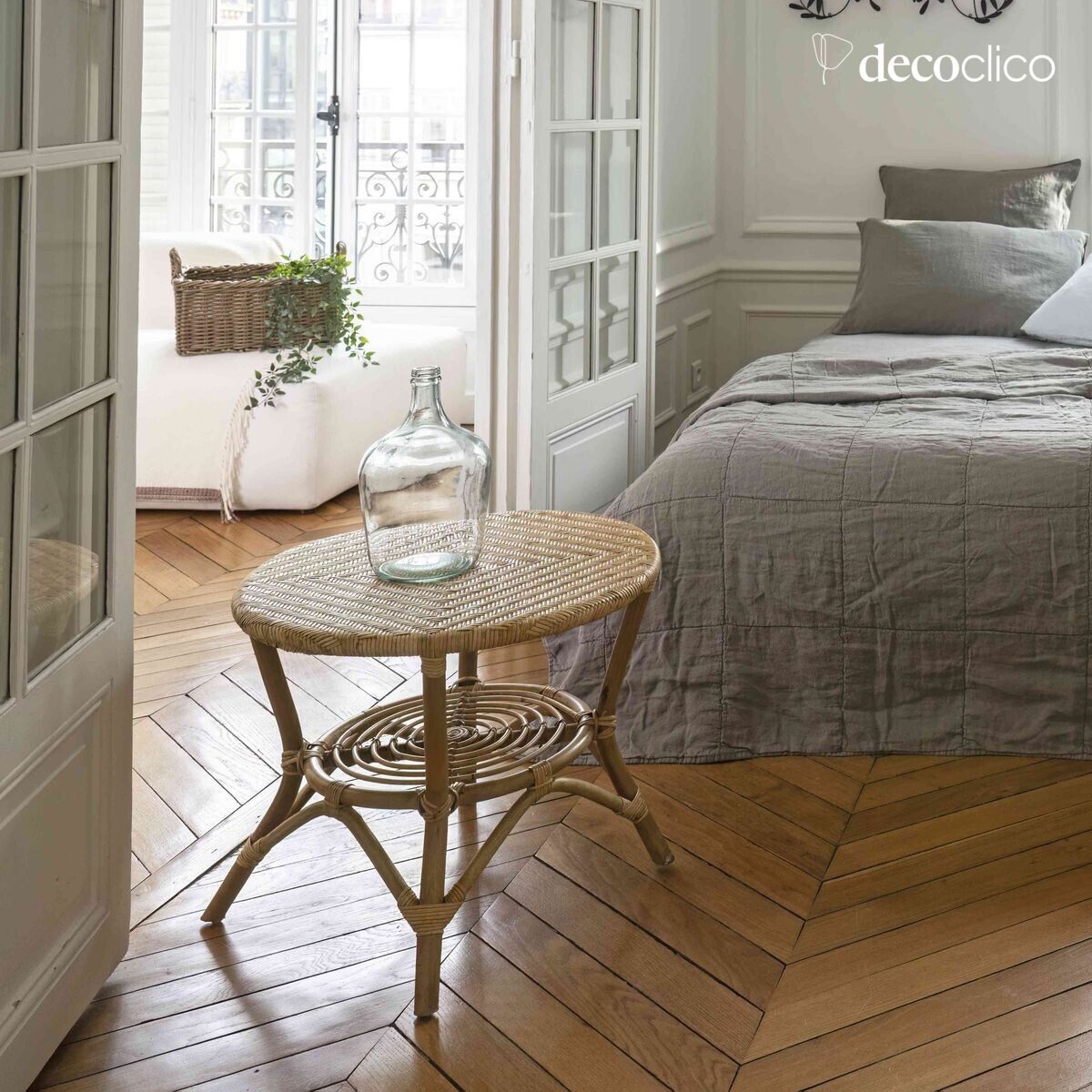 Couchtisch, Säulentisch, Tischplatte aus geflochtenem Naturrattan Cabourg