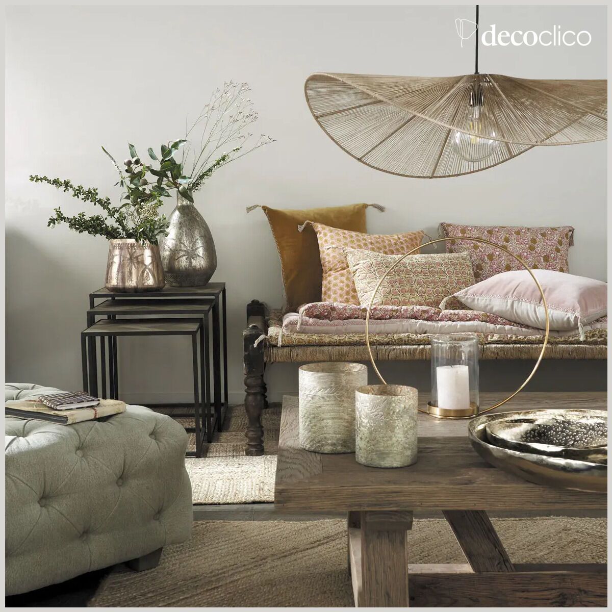 Coussin avec pompons en coton imprimé rose et jaune - 40x60 cm Flora