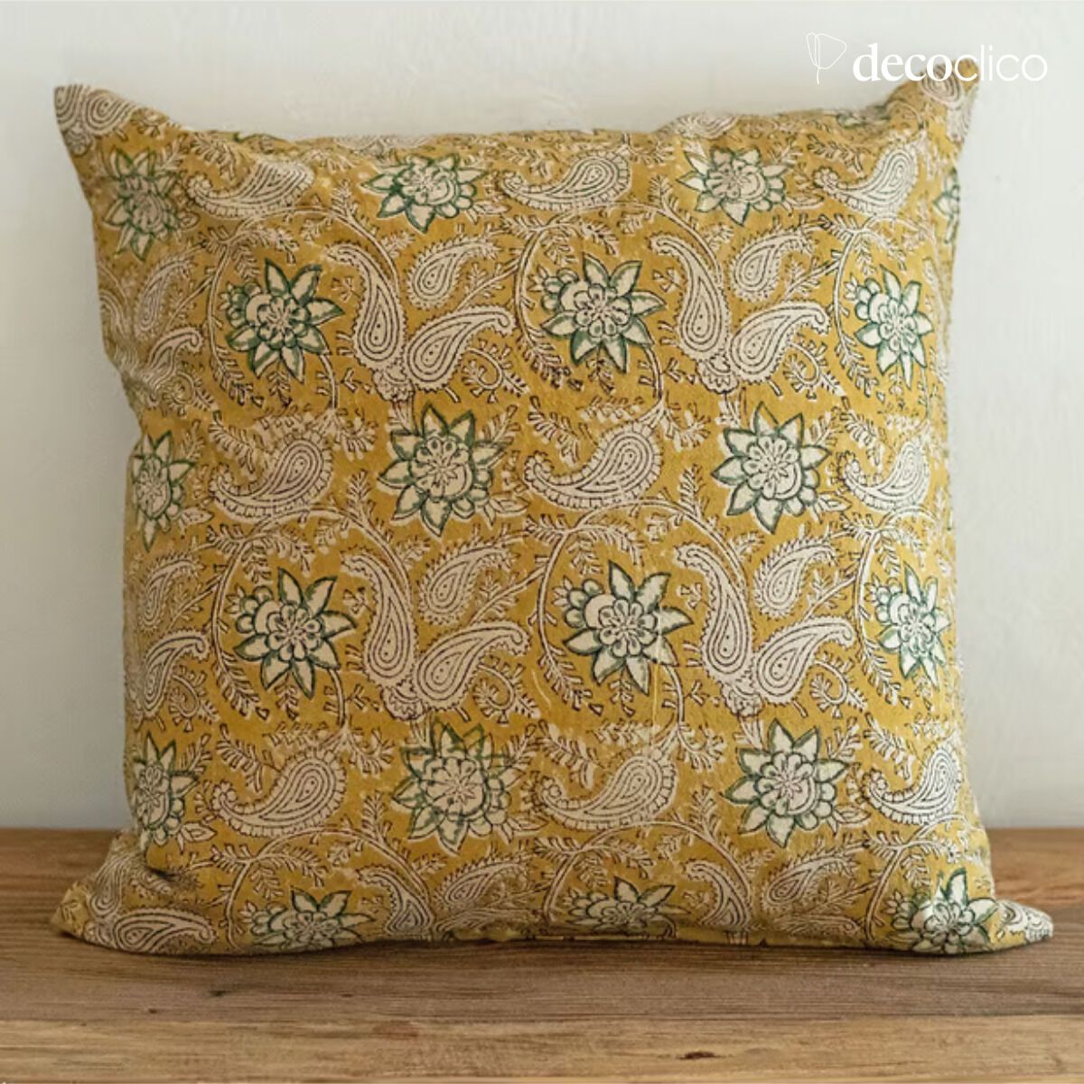 Coussin carré déhoussable en coton block print dominante jaune Pamir