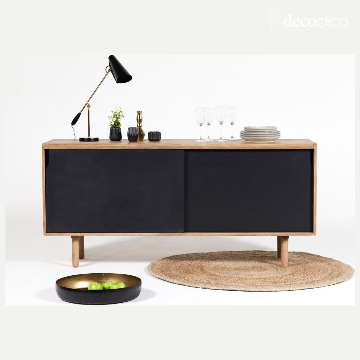 Credenza a muro in mango con 2 ante scorrevoli naturali e nere Hanko