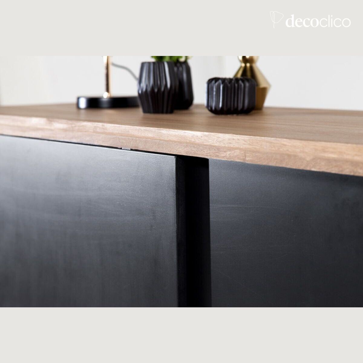 Credenza a muro in mango con 2 ante scorrevoli naturali e nere Hanko