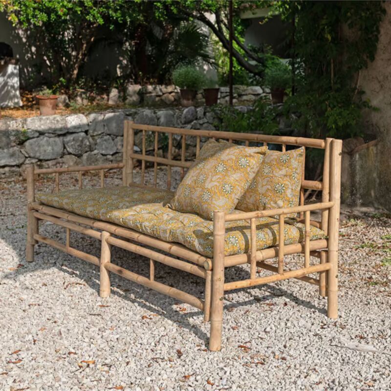 Cuscino quadrato sfoderabile in cotone block print con dominante gialla Pamir