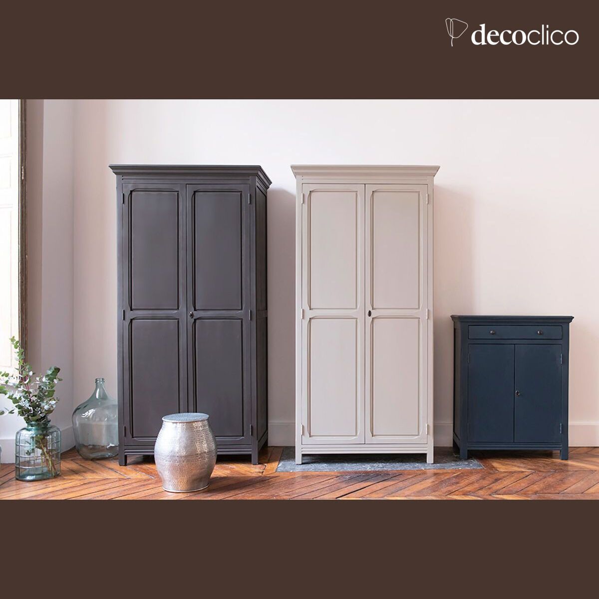 Dark gray Parisian wardrobe, 2 doors, shelves Léandre