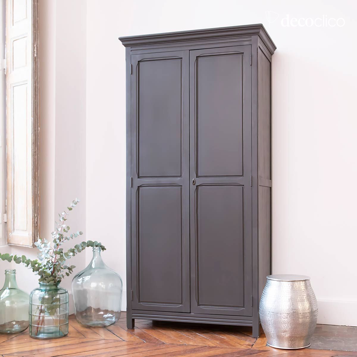 Dark gray Parisian wardrobe, 2 doors, shelves Léandre