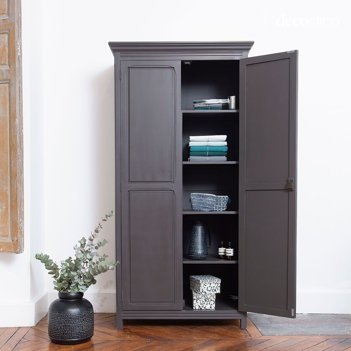 Dark gray Parisian wardrobe, 2 doors, shelves Léandre