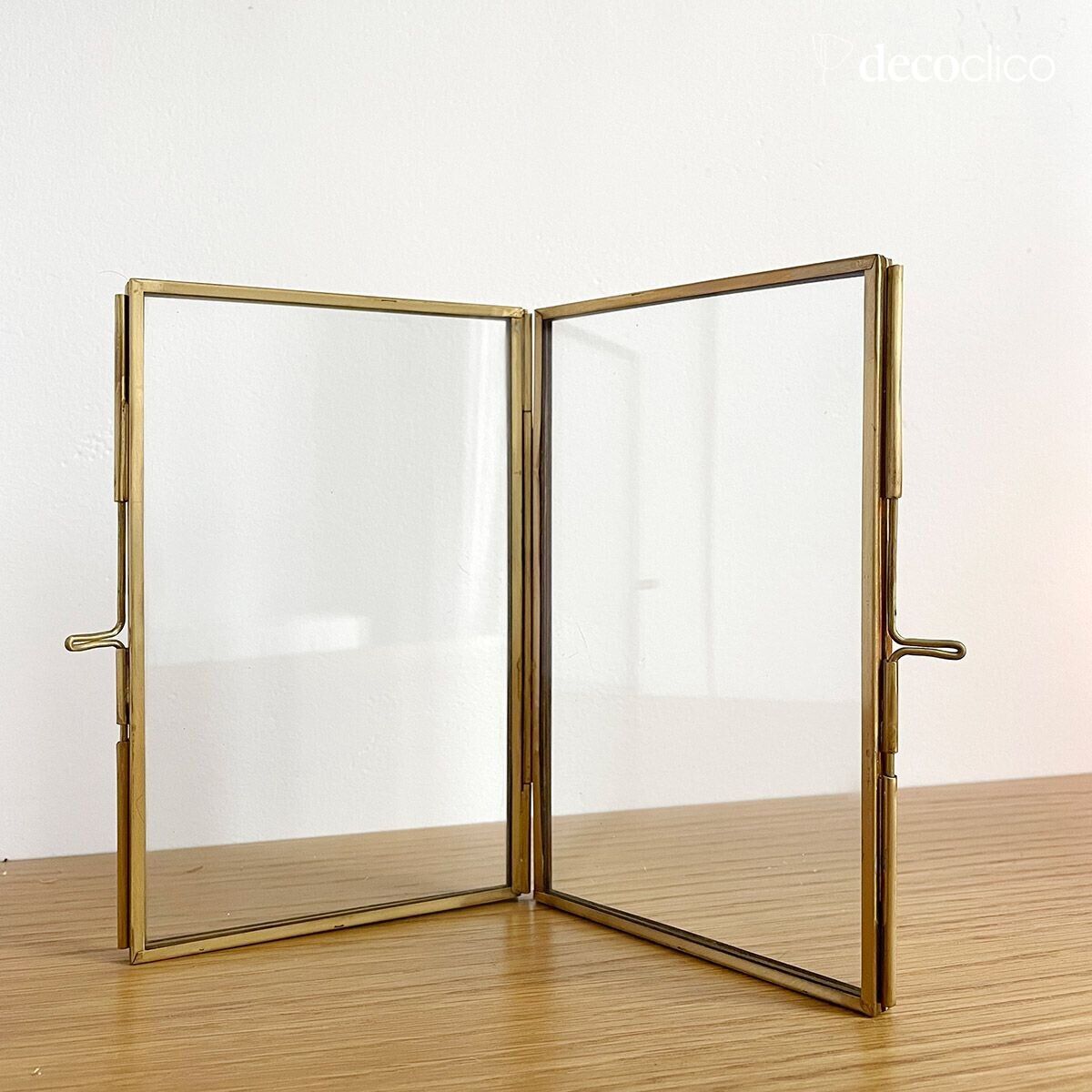 Double photo frame to be placed, glass and brass with antique finish, 11 x 18 cm Mira