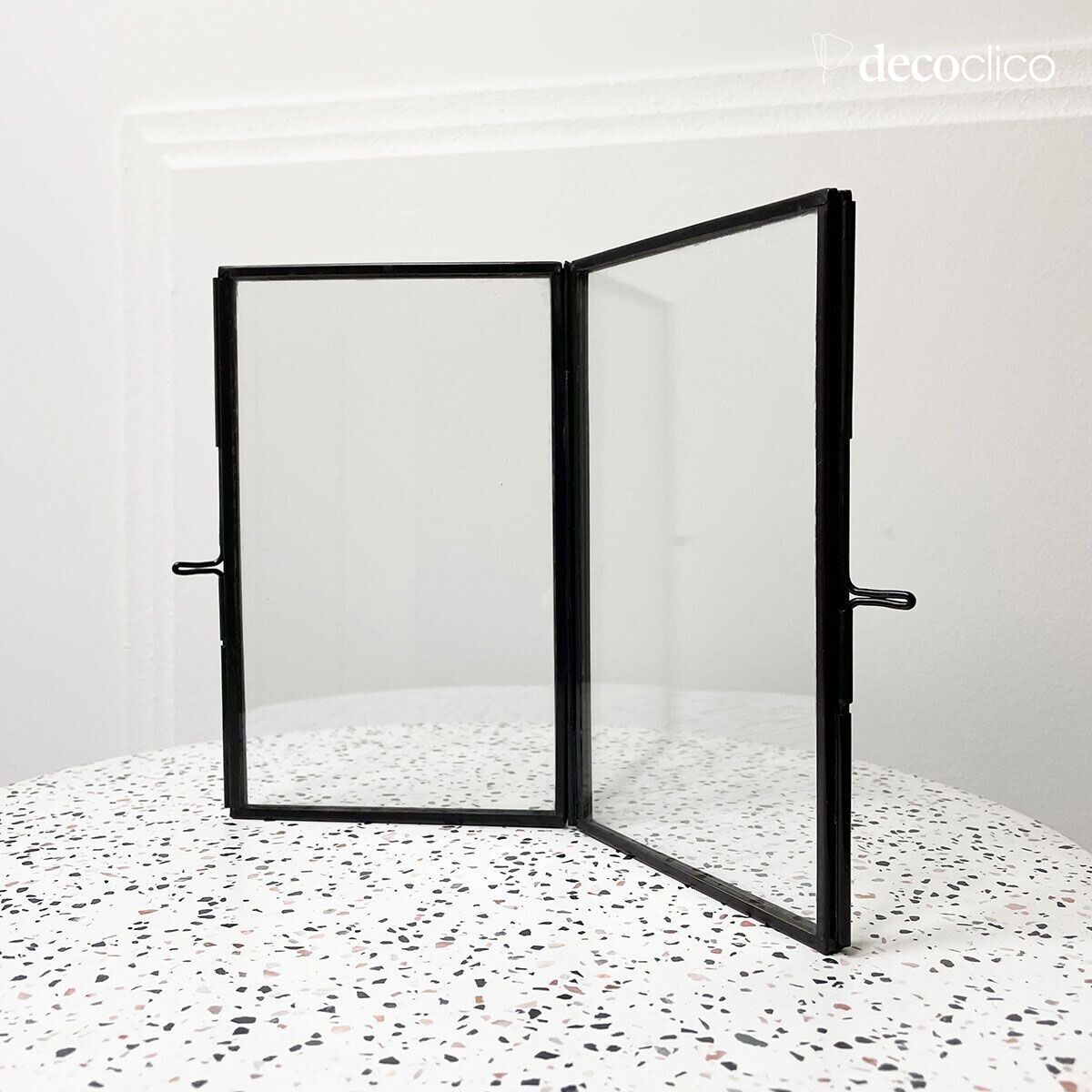 Double photo frame to be placed, glass and brass with matt black finish, 11 x 18 cm Mira