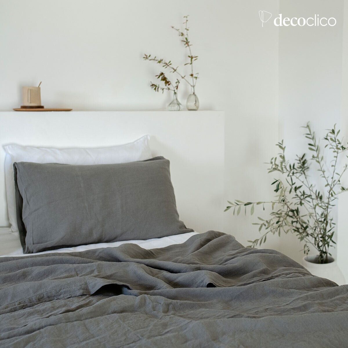 Drap plat en lin lavé vert de gris finition ajourée - 240x300 cm Oslo