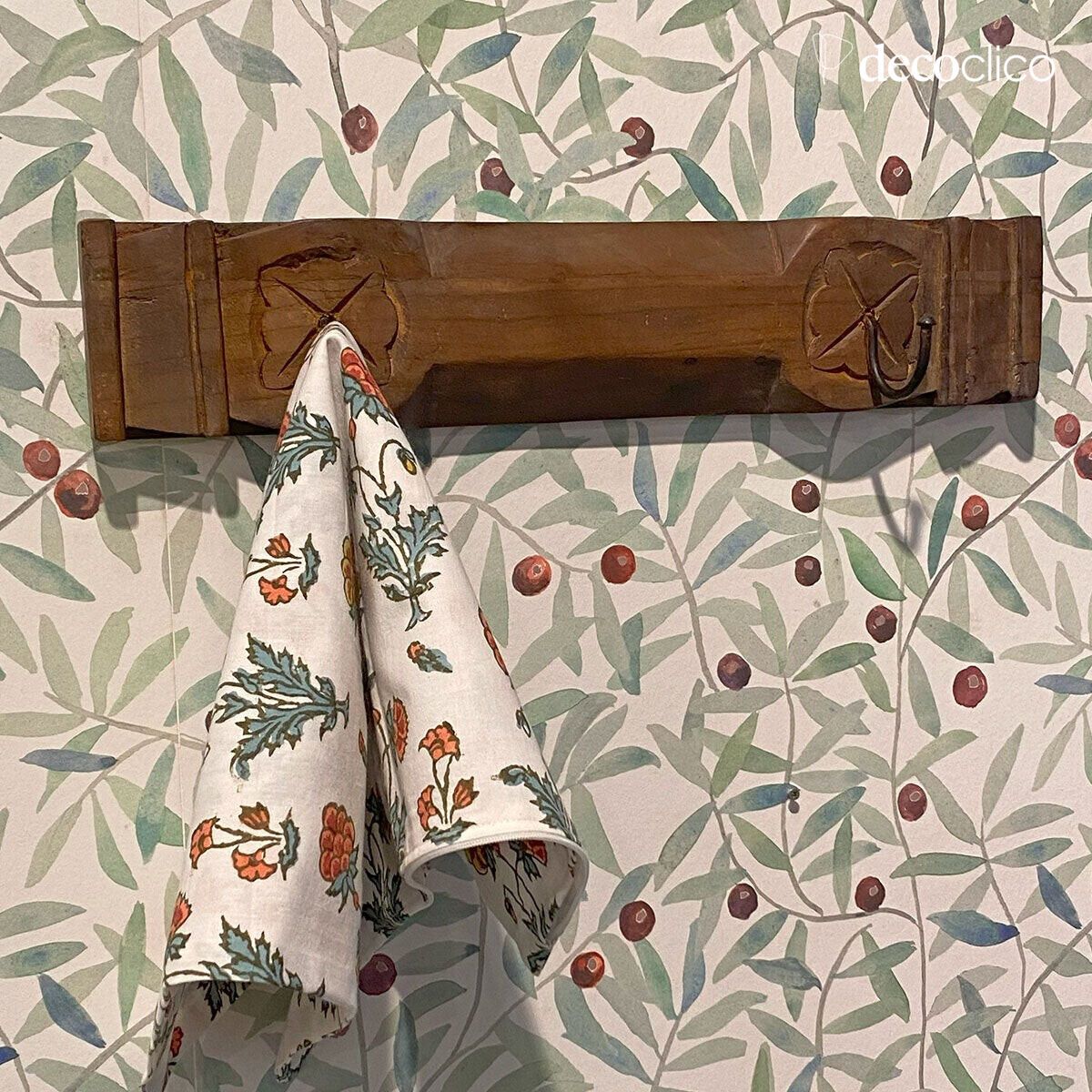 Engraved wooden and metal coat rack, Indian style