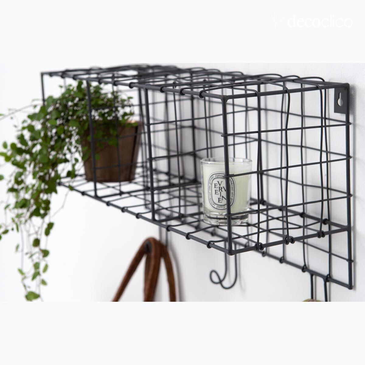 Estante de pared de metal con rejilla antracita 3 cestas y ganchos Greed