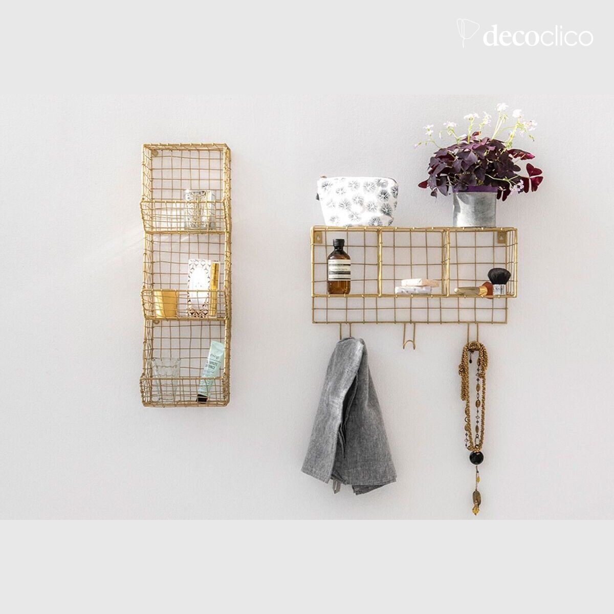 Estante de pared de metal enrejado dorado 3 cestas Greed