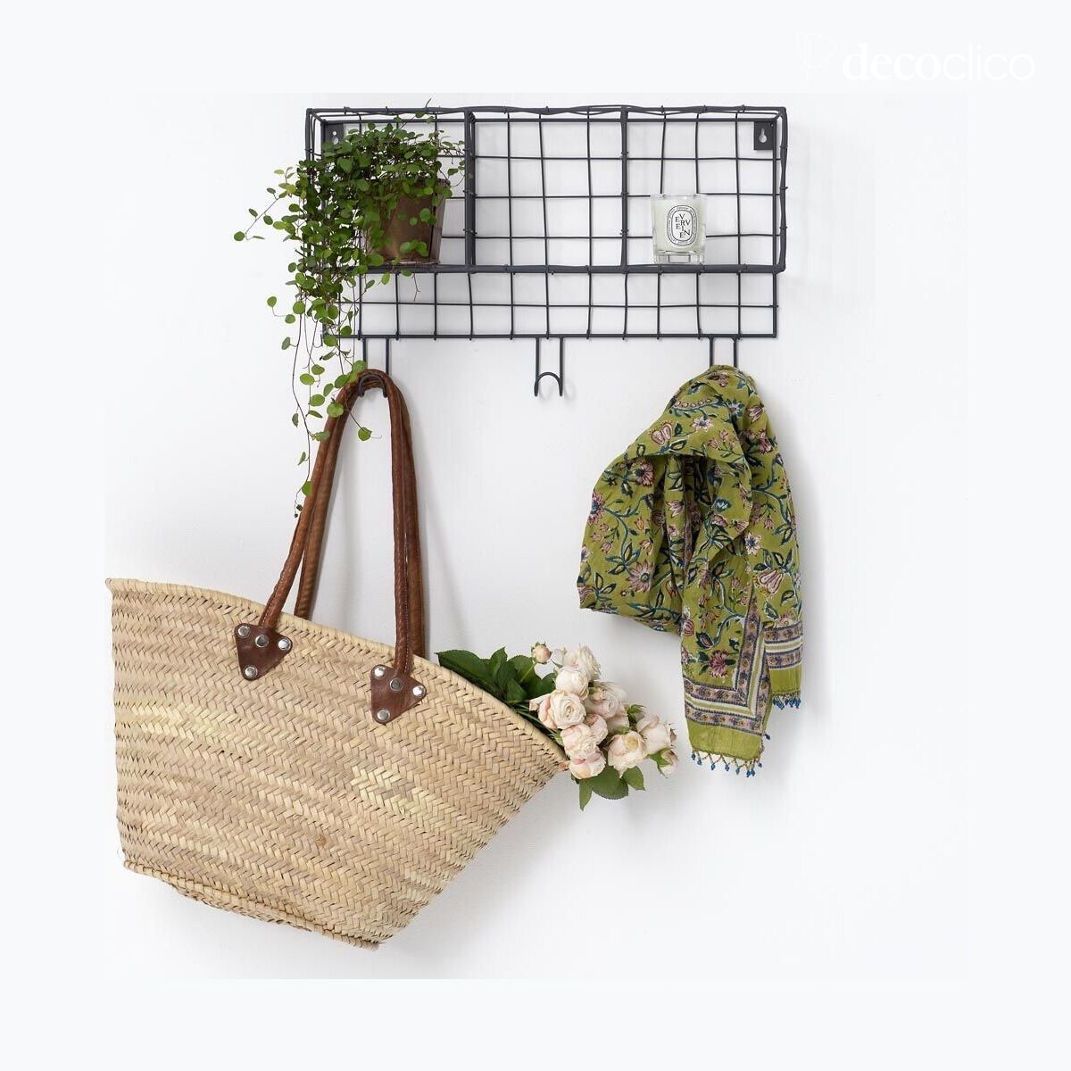 Etagère murale en métal grillagé anthracite 3 paniers et crochets Greed