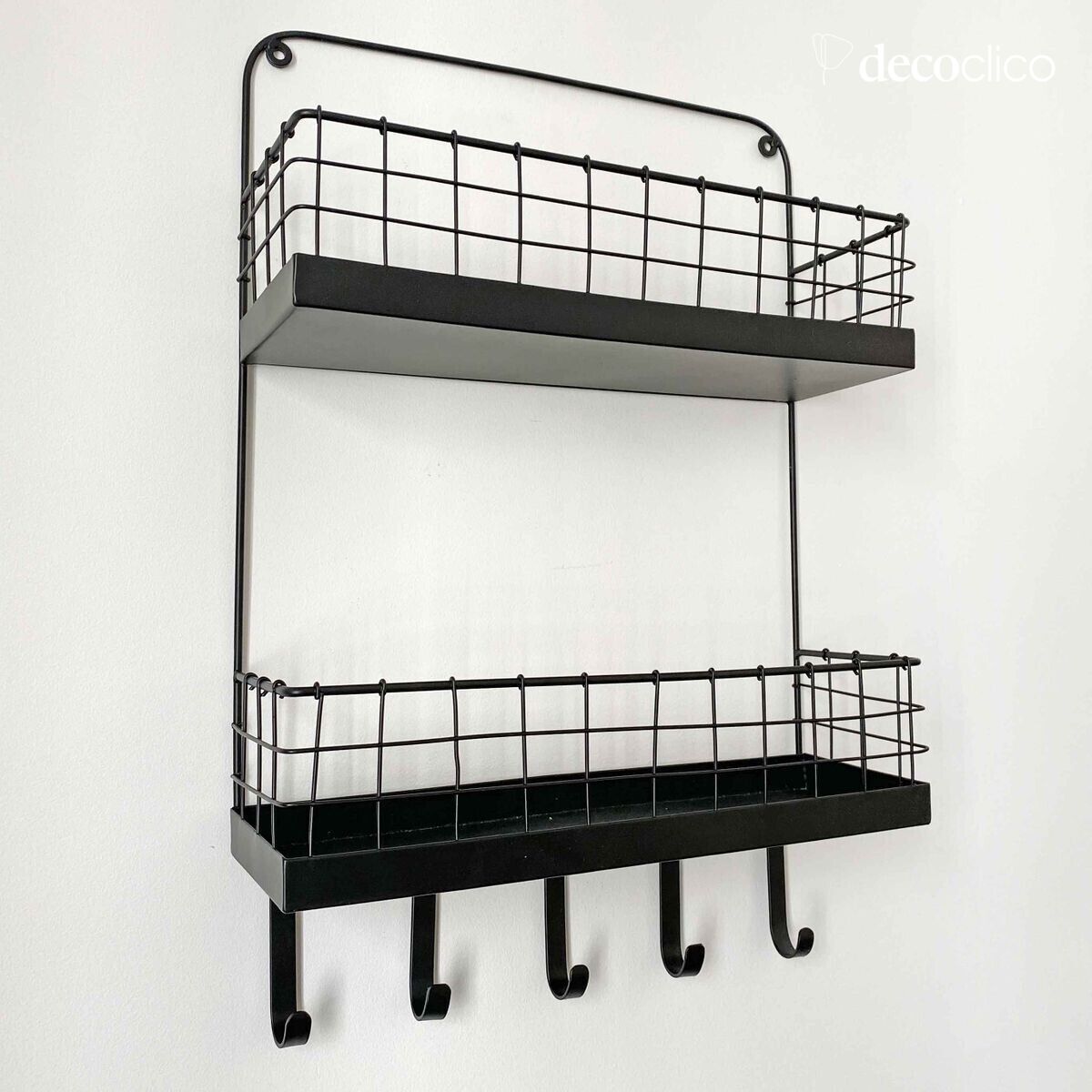 Etagère murale en métal grillagé noir mat 2 niveaux et crochets