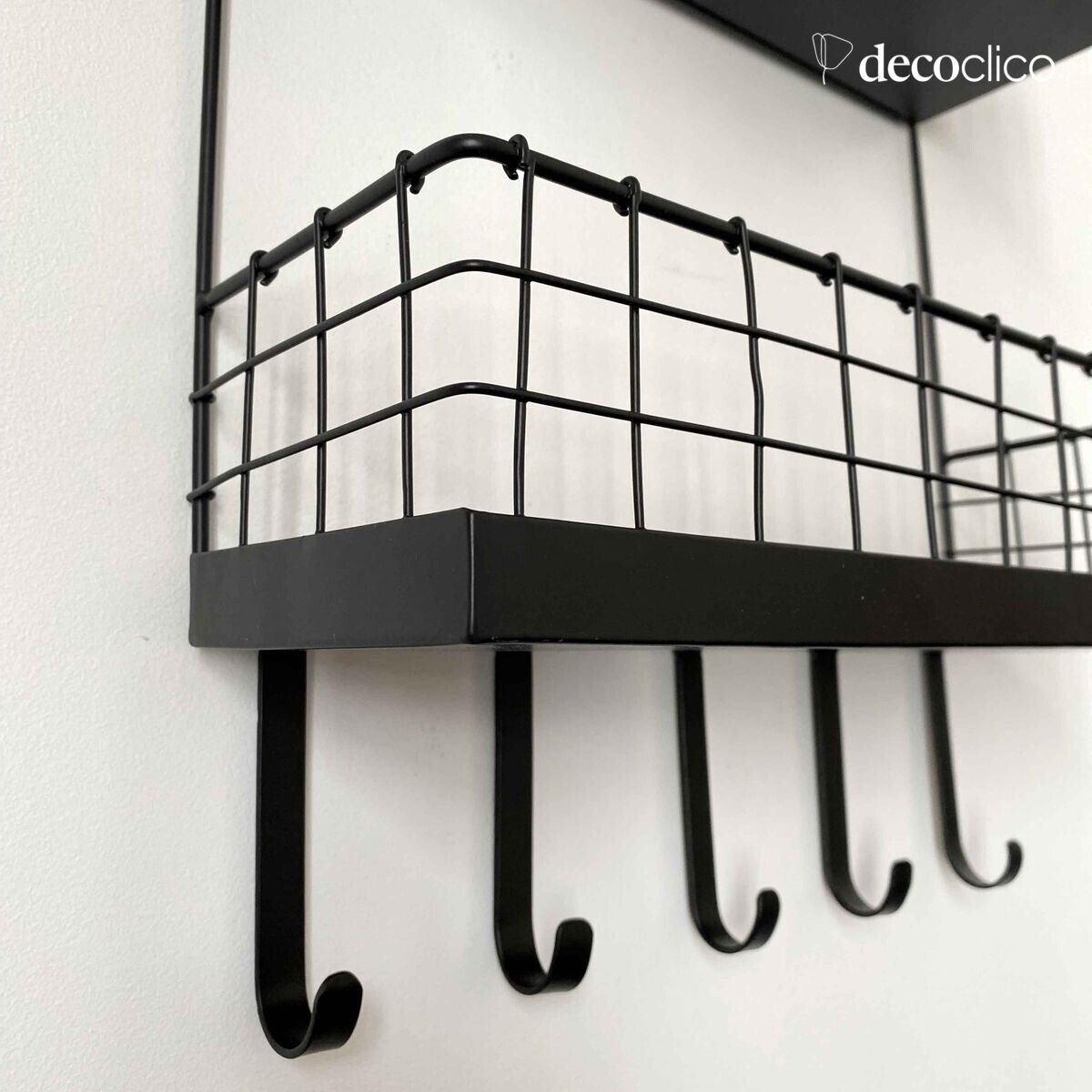 Etagère murale en métal grillagé noir mat 2 niveaux et crochets