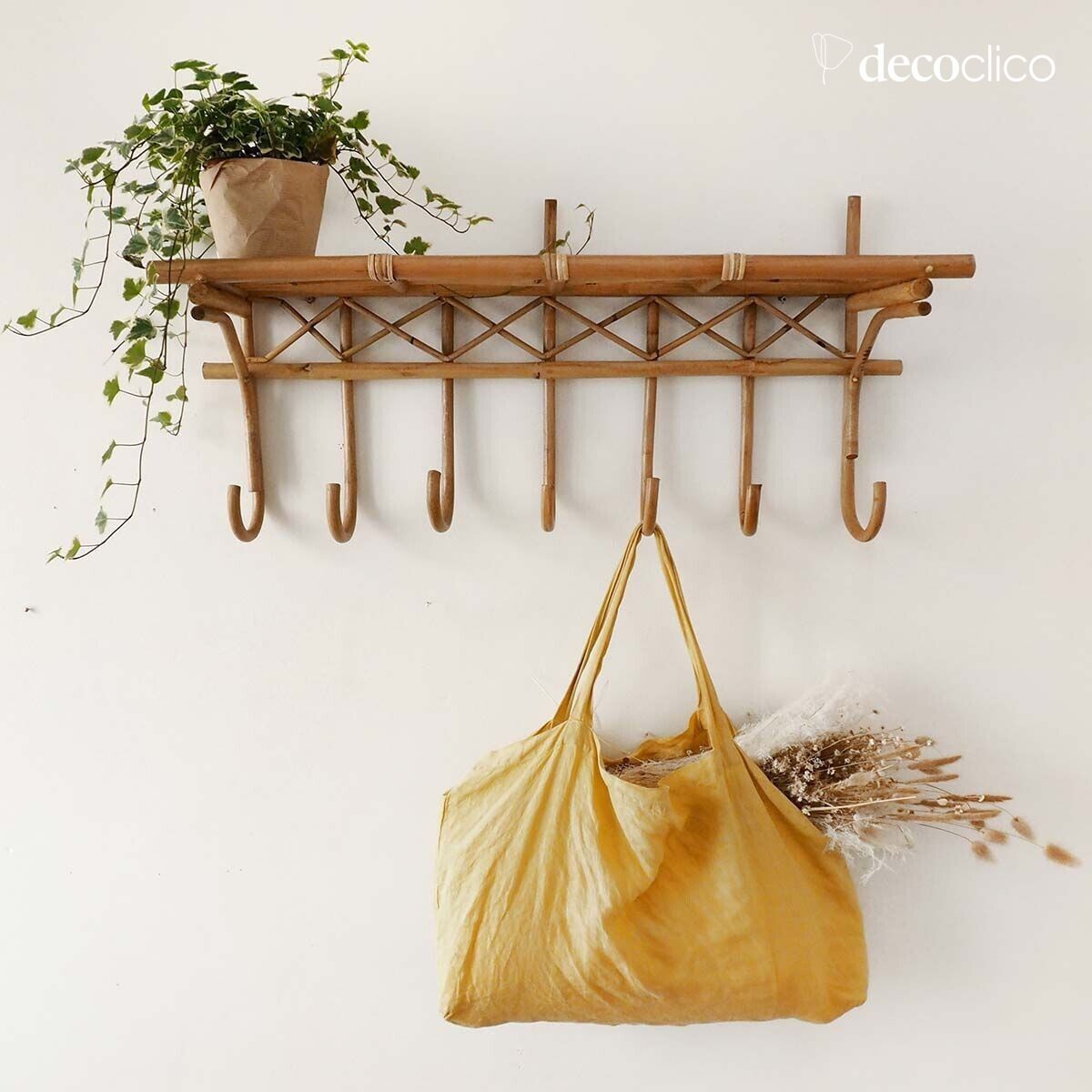 Etagère porte-manteau 7 crochets en rotin naturel